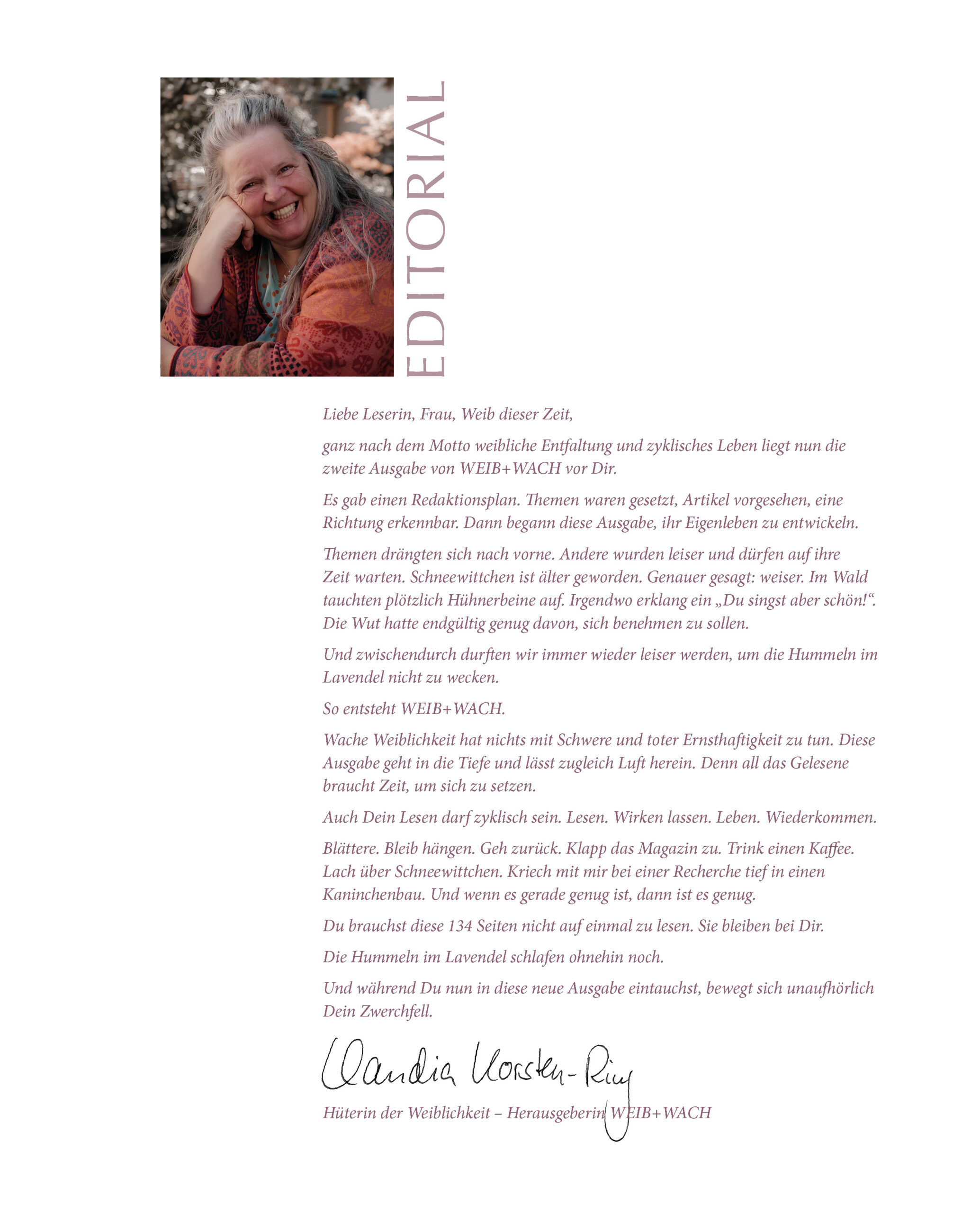 Editorial von Claudia Korsten-Ring in WEIB+WACH Ausgabe 2