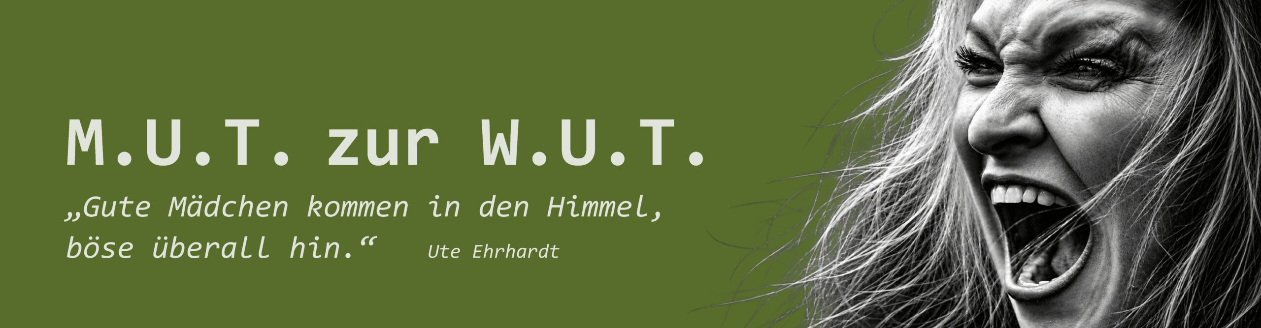 Schwarz-Weiß-Porträt einer wütend schreienden Frau zum WEIB+WACH Artikel „Mut zur Wut“