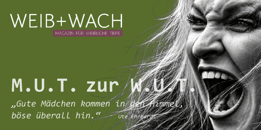 Schwarz-Weiß-Porträt einer wütend schreienden Frau zum WEIB+WACH Artikel „Mut zur Wut“ – mobile Ansicht
