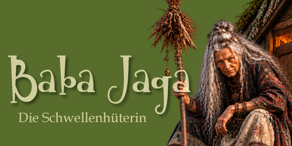 Baba Jaga, die Schwellenhüterin, vor ihrem Haus im Wald
