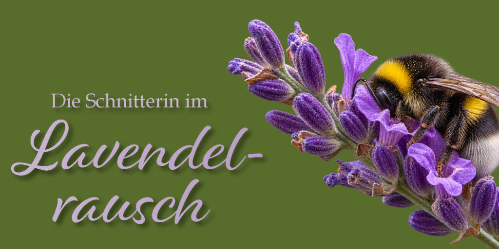Hummel auf violettem Lavendel mit dem Schriftzug „Die Schnitterin im Lavendelrausch“.