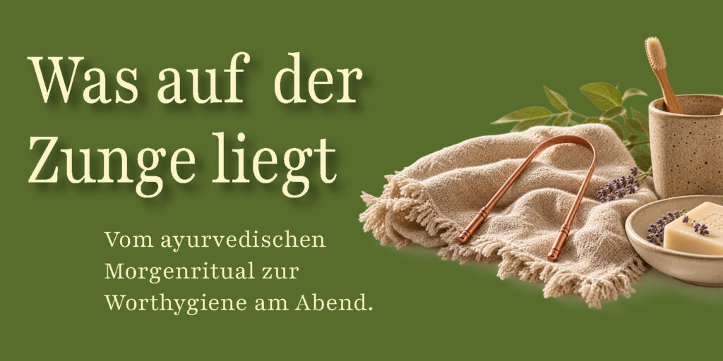 Artikelbild „Was auf der Zunge liegt“ mit Zungenschaber, Handtuch, Zahnbecher und Seifenschale